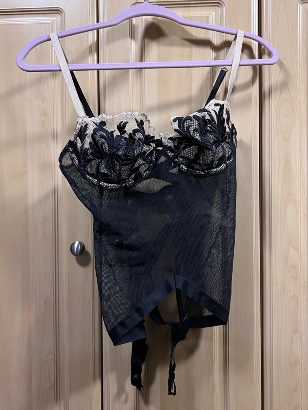 Victoria's Secret Black and Cream Lace Bustier Top with Garters